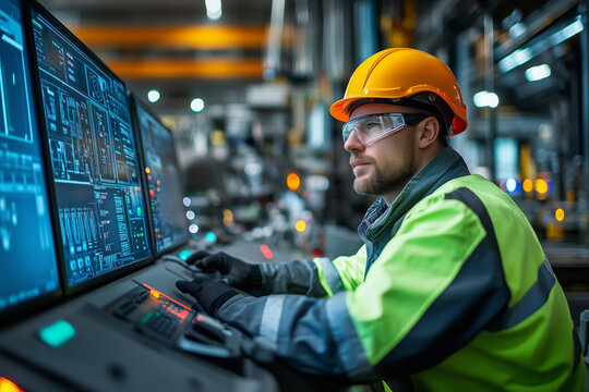 Modern worker engaging with high-tech controls in a bustling factory environment