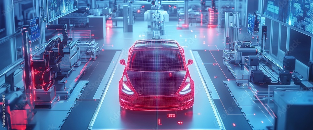 Poster A futuristic automotive factory with a digital car model and robotics.