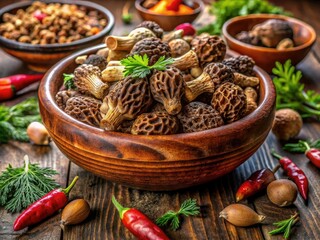 Fresh Morel Mushrooms in Ceramic Bowl with Spices - Closeup Food Photography for Spring Harvest, Edible Fungi, Culinary Delights, Organic Ingredients, Gourmet Cooking