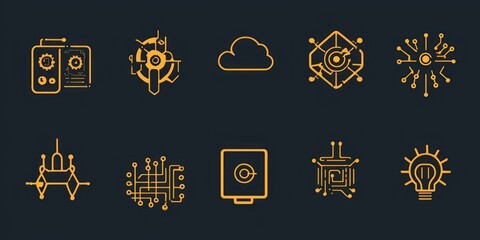 A minimalist icon set of innovation symbols, such as robots, circuit boards, and data clouds.