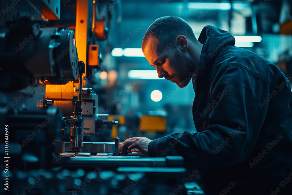 Poster CNC machine operator engaged in intricate manufacturing process inside workshop