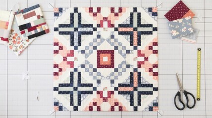 Obraz premium Tailor creating patchwork quilt with geometric pattern on cutting mat