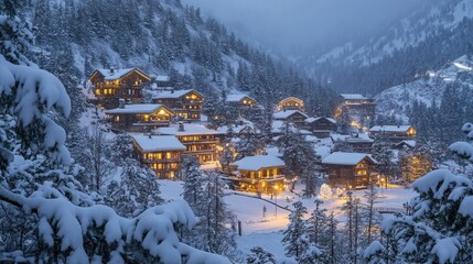Serene Winter Village Surrounded by Snowy Mountains at Dusk with Warmly Lit Chalets and a Cozy Atmosphere