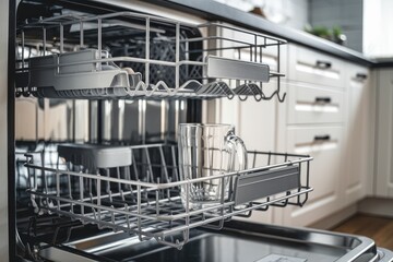 Open dishwasher showing clean dishes and glass ready to be unloaded in modern kitchen