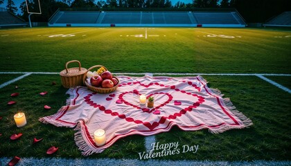 Valentine's Day picnic. Romantic picnic setup on a football field with a heart-themed blanket, candles, and a basket of fruits, celebrating Valentine's Day.