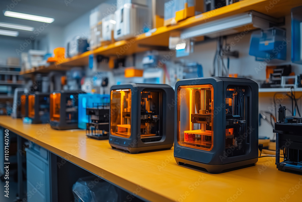 Poster makerspace filled with vibrant 3d printers creating innovative designs