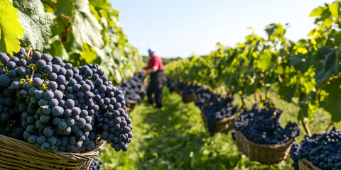 A lush vineyard at harvest time, with workers picking grapes and placing them in baskets. The rows of vines stretch into the distance under a clear blue sky.
