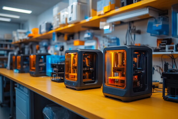 Fototapeta premium Makerspace filled with vibrant 3D printers creating innovative designs