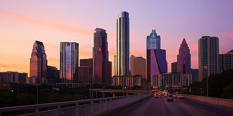 A modern cityscape at dusk, with skyscrapers reflecting the warm colors of the sunset. The foreground includes a busy bridge, and the scene captures the energy of urban life.