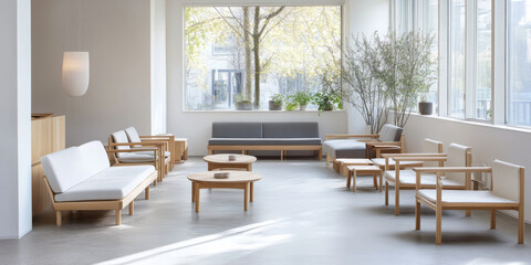 Fototapeta premium A minimalist Scandinavian living room with clean lines, light wooden furniture, and soft gray and white decor. Large windows let in natural light, creating a bright and inviting space.