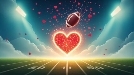Valentine Football Field. A football field with a glowing heart-shaped light and a football surrounded by hearts.