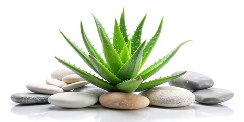 Minimalist Aloe Plant and Sea Stones on White Background for Tranquil Home Decor and Natural Aesthetic