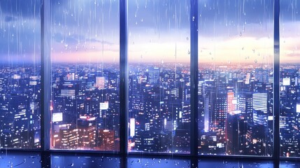 Cityscape Window in Rainy Weather at Dusk