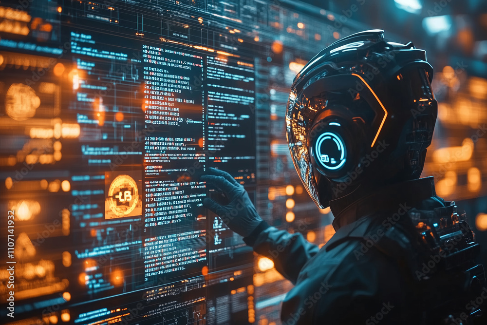 Poster Engineer programming advanced robotic systems in a futuristic environment