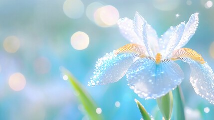 Delicate, light blue iris flower with water droplets, soft bokeh background.