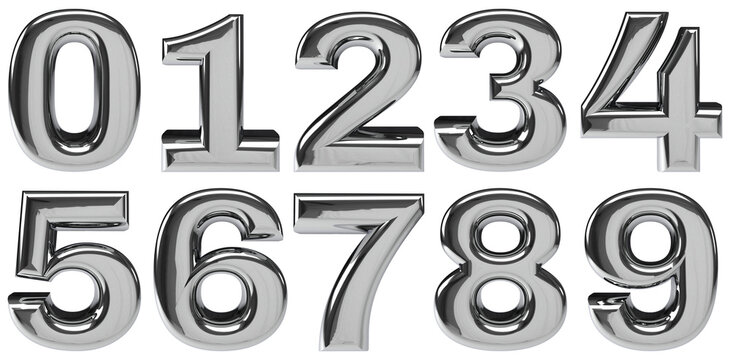 	 Set of Luxury 3D Metallic Silver Chrome Number Alphabet Isolated Ultra High Resolution PNG