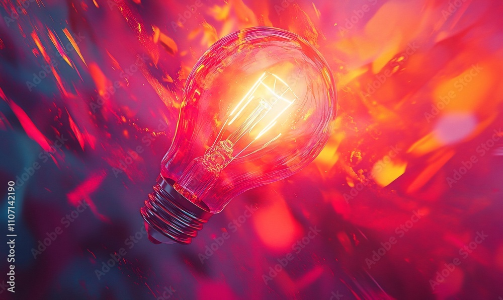 Poster a glowing light bulb amidst vibrant colors and abstract patterns.