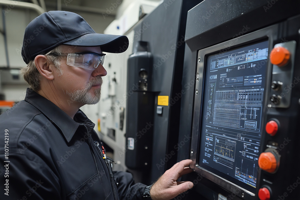 Poster Operator oversees CNC machine's control panel in production