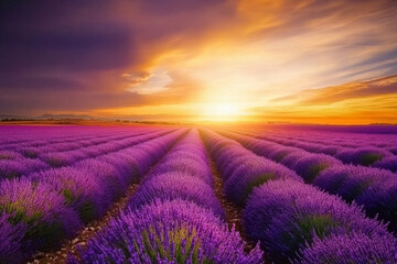 Fototapeta premium Textured field of lavender, vibrant purple flowers stretching under a golden sunset, serene and natural