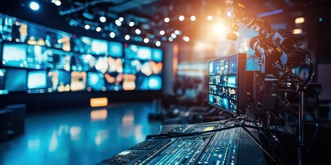 A modern broadcast studio with high-tech equipment, sleek lighting, and large screens displaying a news channel backdrop.