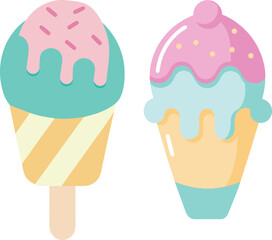 Melting ice cream balls in the waffle cone isolated on pink background. Vector flat outline icon. Comic character in cartoon style illustration for t shirt design