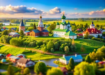 Obraz premium Summer in the Russian Province: A Tilt-Shift View of the Charming Fields and Historic Landmarks of Suzdal in the Golden Ring Region