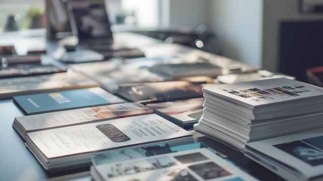 Stacked catalogs on a table, showcasing vibrant print materials for marketing.