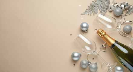 New Year 2025 celebrated with champagne and festive decorations.