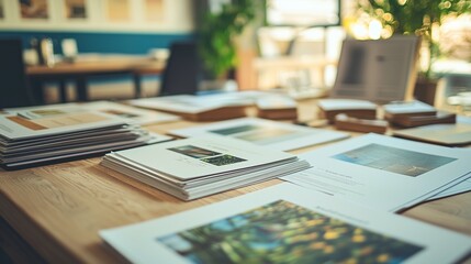 Printed catalogs on a table symbolize brand identity and marketing strategy.