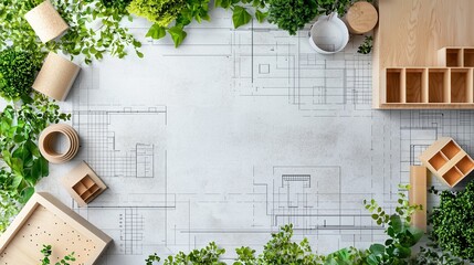 Blueprints surrounded by plants and wooden blocks symbolize sustainable building.