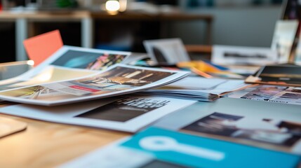 Printed catalogs and marketing materials on a desk symbolize branding and design creativity.