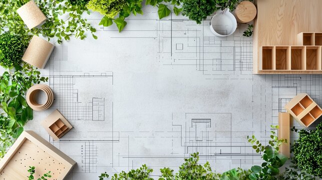 Blueprints surrounded by plants and wooden blocks symbolize sustainable building.