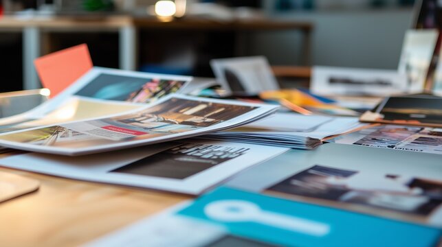 Printed catalogs and marketing materials on a desk symbolize branding and design creativity.