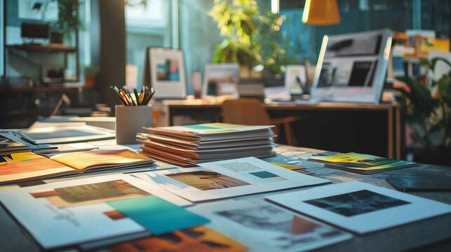 Creative workspace with design materials, showcasing brand identity and print marketing concepts.