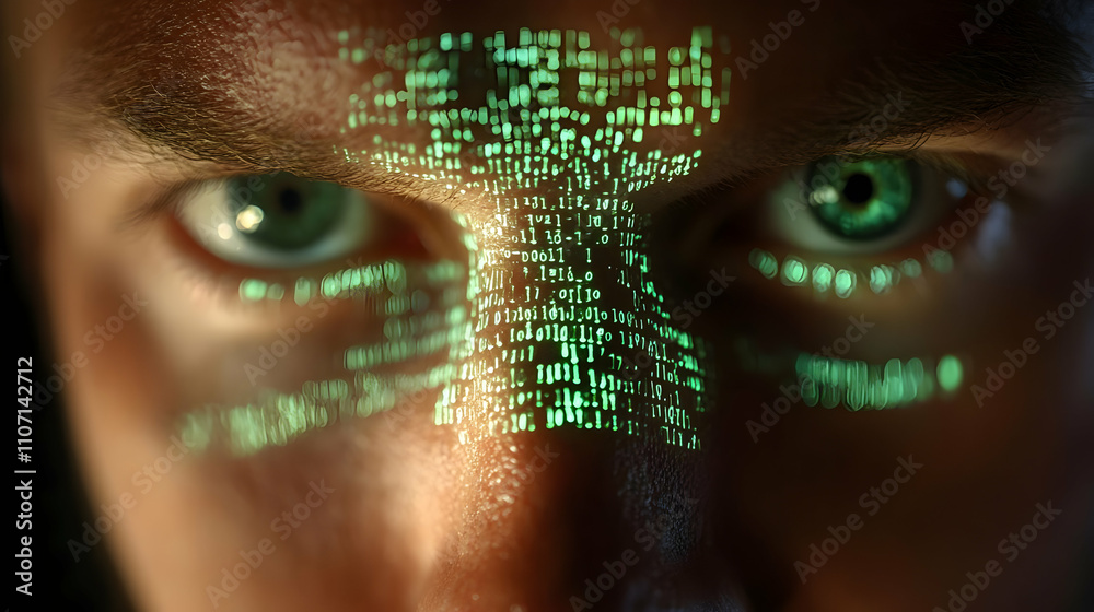 Aufkleber A close-up of a face with glowing binary code projected onto the skin.