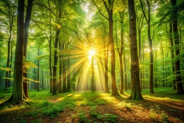 Obraz premium Sunlight Filtering Through Leaves, Creating a Golden Glow of Hope and Faith in Nature's Embrace Captured in a Serene Forest Setting with Ample Copy Space for Text