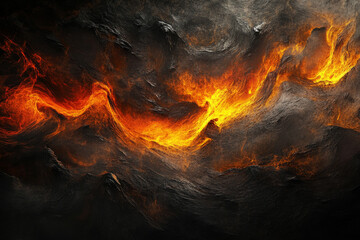 Fototapeta premium Abstract molten rock texture, fiery red and orange swirls blending with black rugged surfaces, intense and dramatic