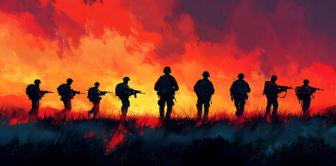 Fototapeta premium Silhouetted soldiers against a fiery sunset, symbolizing courage and camaraderie.