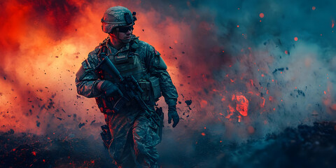 Fototapeta premium A soldier navigating through a fiery battlefield, showcasing resilience and courage.