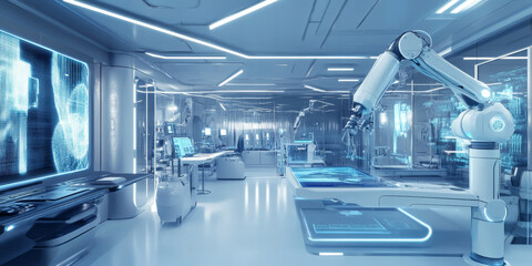 Obraz premium A dynamic futuristic laboratory with glowing holographic displays, robotic arms, and sleek white surfaces. The high-tech environment captures innovation and advanced technology.