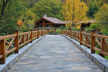 Obraz premium elegant paving stones pedestrian bridge covered with grey and cream wooden shiny in lodge buildings 