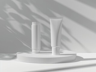 Two blank white tubes on a round podium with shadows from a window.