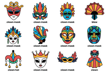 Set of illustrations in the concept of party masks in a line style