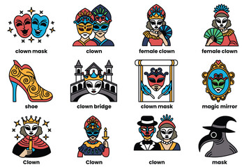 Set of illustrations in the concept of party masks in a line style
