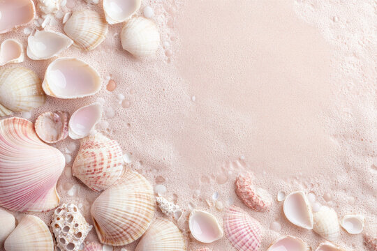 Textured seashells, intricate beige and pink shells scattered naturally on wet sand, coastal and delicate