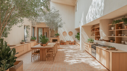 Modern kitchen interior design featuring biophilic elements with natural light and plants in a serene setting
