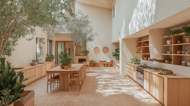 Modern kitchen interior design featuring biophilic elements with natural light and plants in a serene setting
