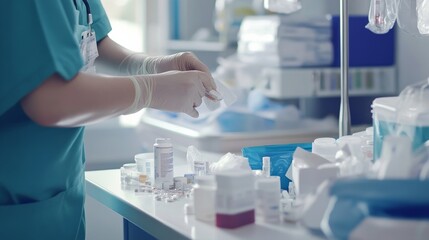 A nurse preparing medication in a clean hospital room, with medical supplies on a table, Clinical style