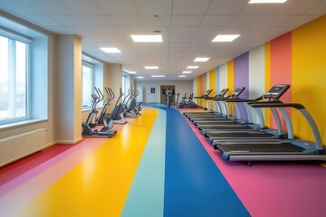 Empty gym with colorful stripes on walls and floor awaits fitness enthusiasts