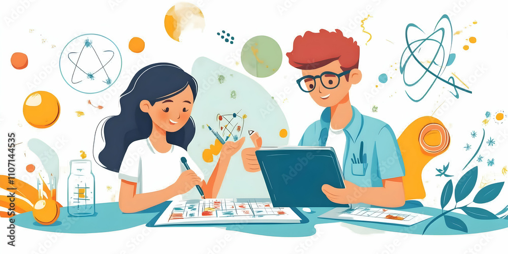 Aufkleber two students engaging in a science project with charts and diagrams.